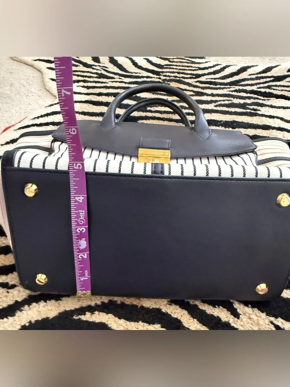 Veronica Beard Black and White Striped Satchel with Gold Lock
